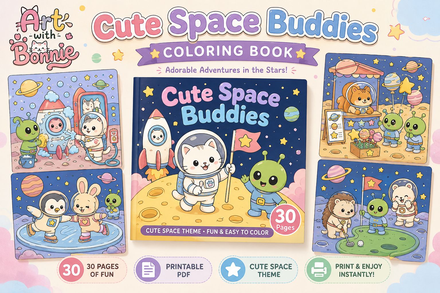 Cute Animals Friends Cozy Space Buddies